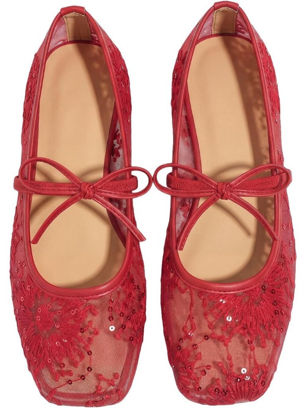 Women's Solid Red Polka Dots Mesh Ballet Flats Cute Lace Ballerina Casual Shoes